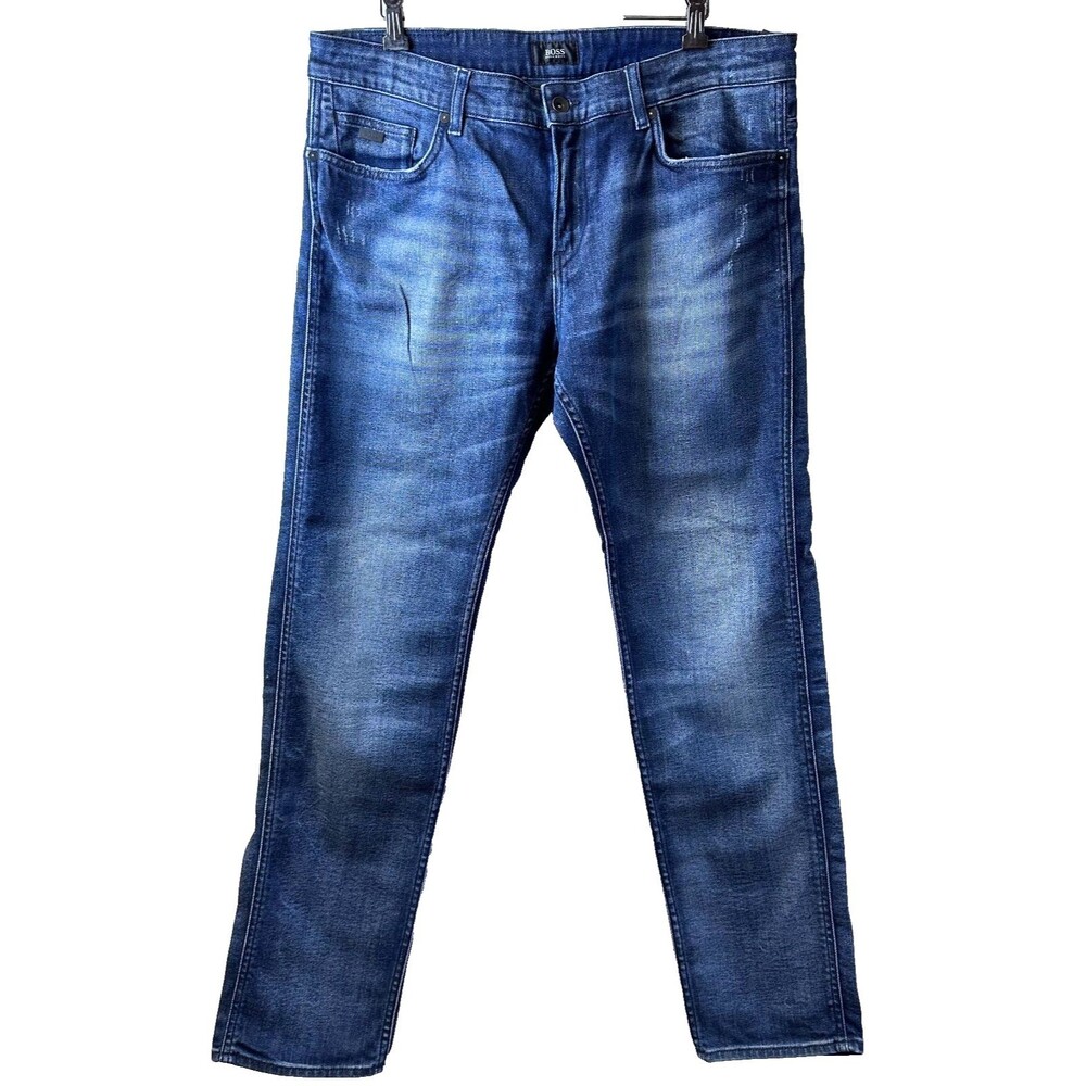 BOSS Hugo Boss Mens Blue Stretch Distressed Faded Denim Cotton Jeans Sz 34x32